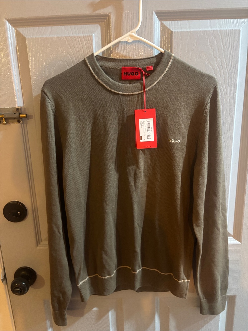 HUGO Olive Green Crewneck Sweater with Contrast Piping